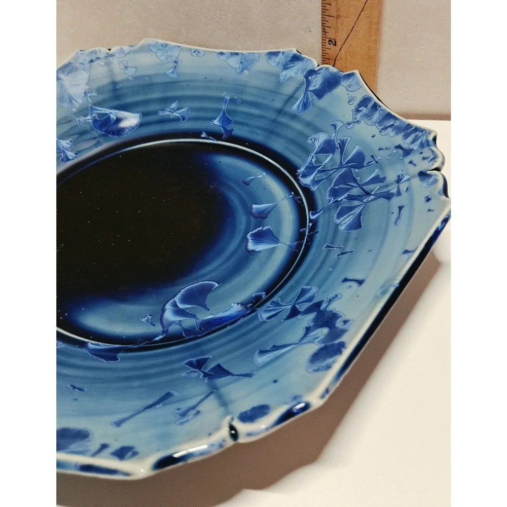 Studio Pottery Crystalline Glaze Blue Scalloped Octagon Plate Signed 9.25 Inch